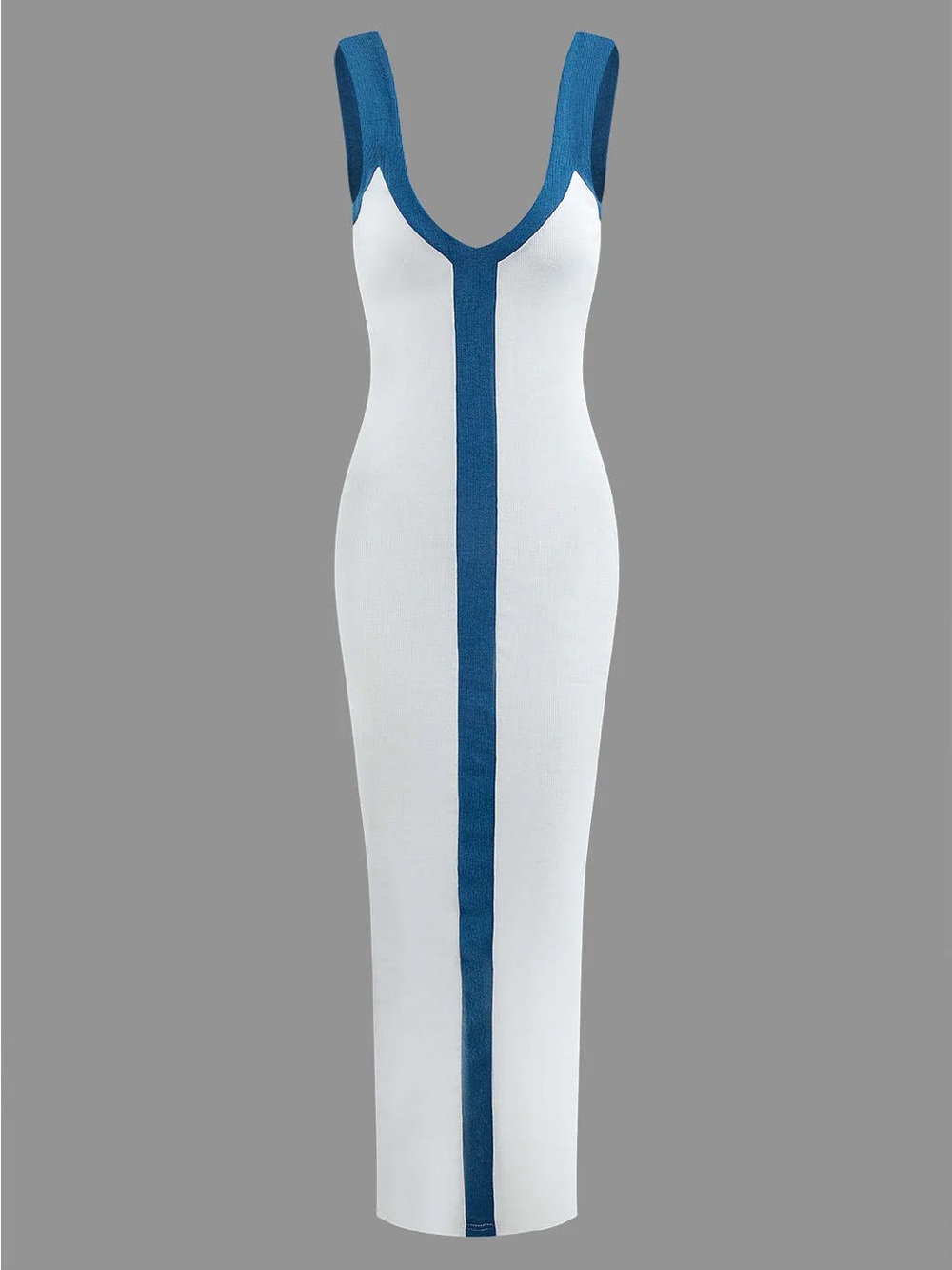Sleeveless White Maxi Dress with Blue Center Stripe